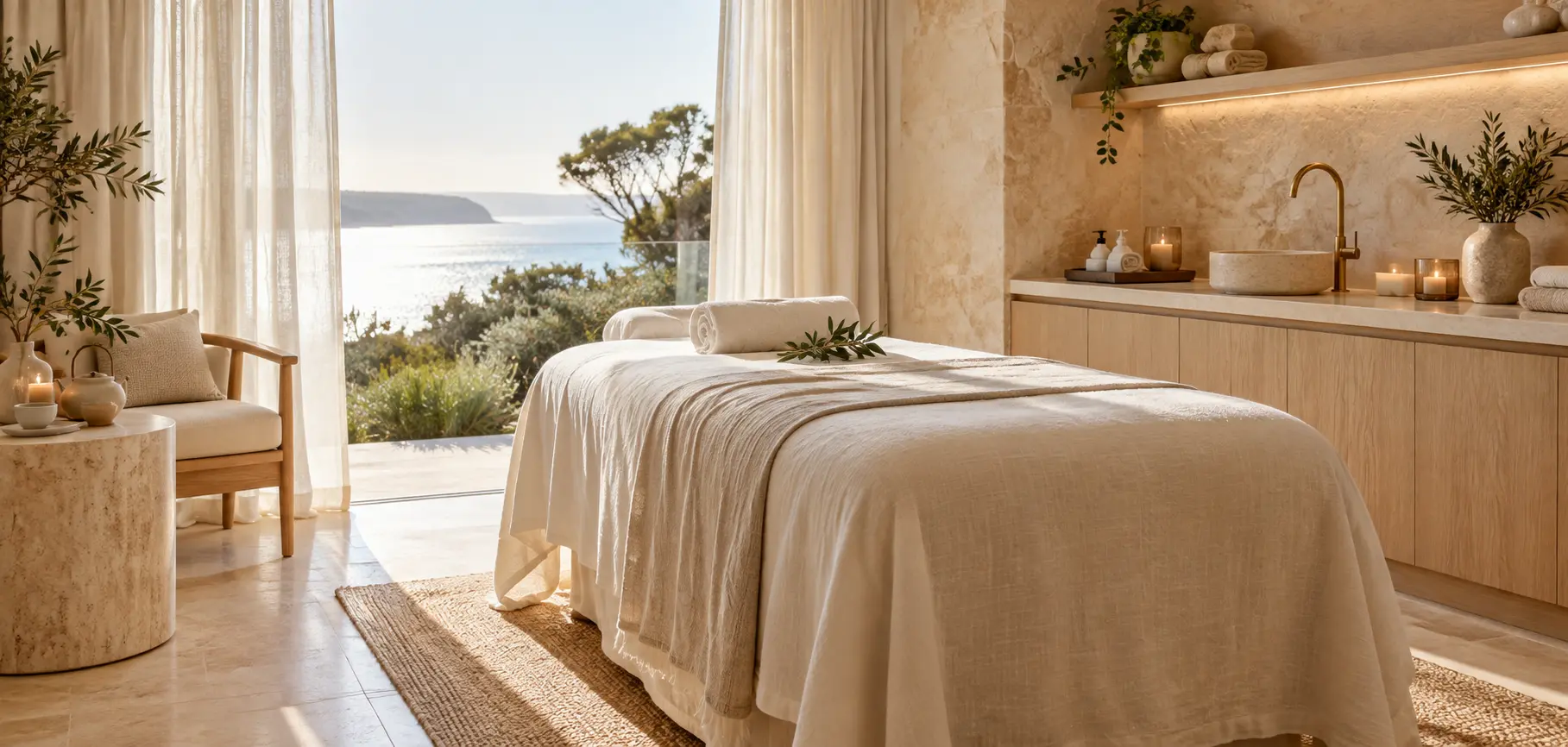 Bright coastal inspired Haven treatment room with warm limestone, natural oak and soft ivory linen